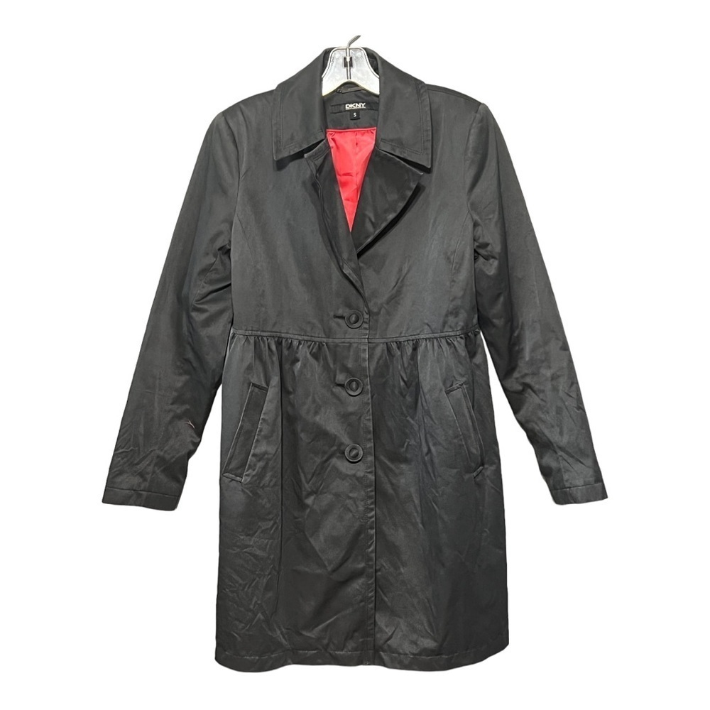 DKNY Black Trench-Style Rain Coat Small Lightweight Button Front